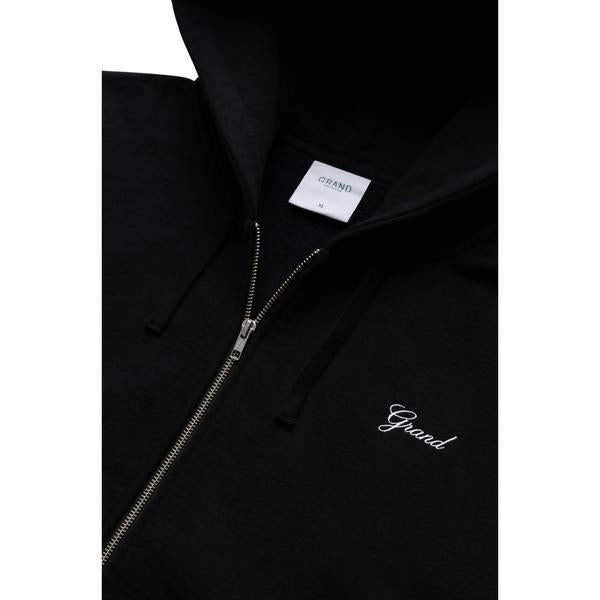 Grand Collection Script Embroidered Zip Hoodie Black - White