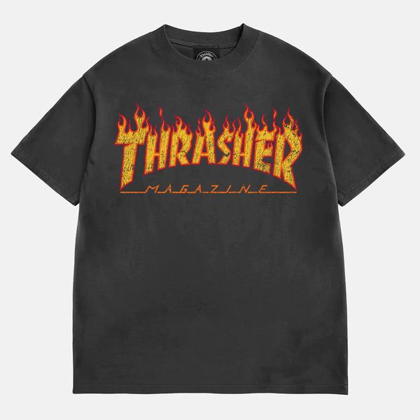Thrasher Magazine Vintage Flame Logo T-Shirt Black Enzyme Wash
