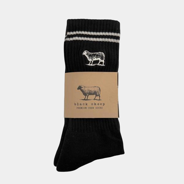Black Sheep Embroidered Icon Premium Crew Socks Black - White Stripe
