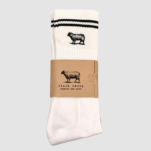 Black Sheep Embroidered Icon Premium Crew Socks White - Black Stripe