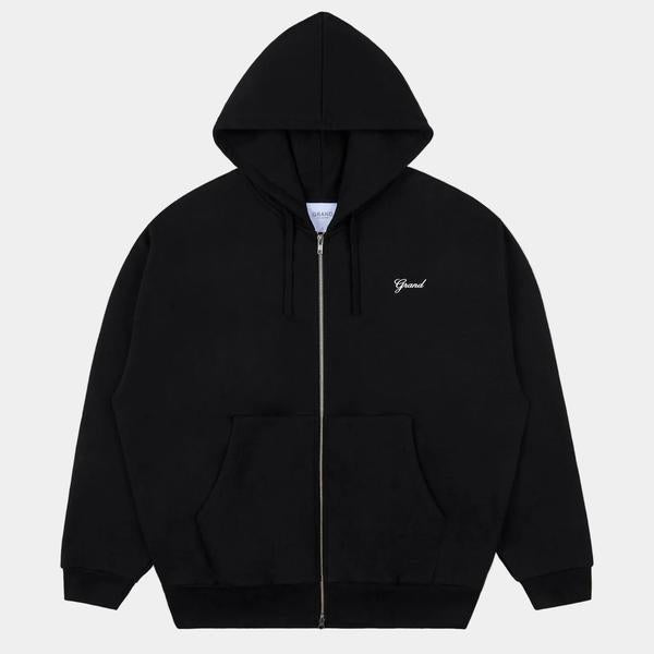 Grand Collection Script Embroidered Zip Hoodie Black - White