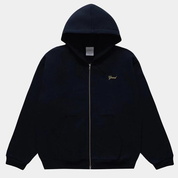 Grand Collection Script Embroidered Zip Hoodie Midnight Navy - Yellow