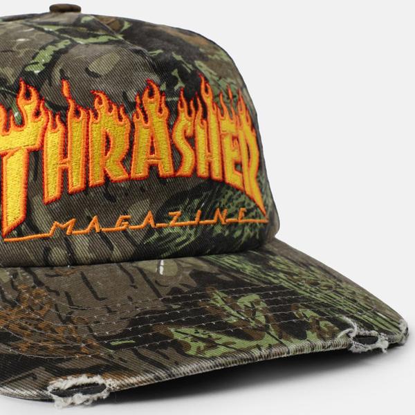 Thrasher Distressed Embroidered Flame Logo Snapback Hat Camo