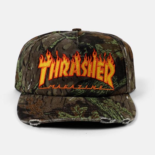 Thrasher Distressed Embroidered Flame Logo Snapback Hat Camo