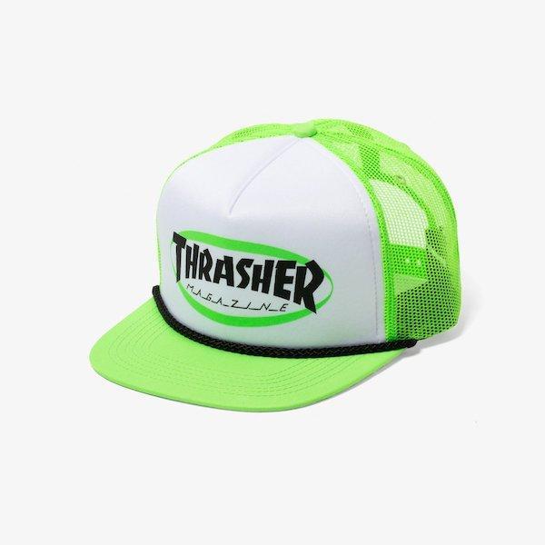 Thrasher Ellipse Logo Trucker Rope Snapback Hat Green