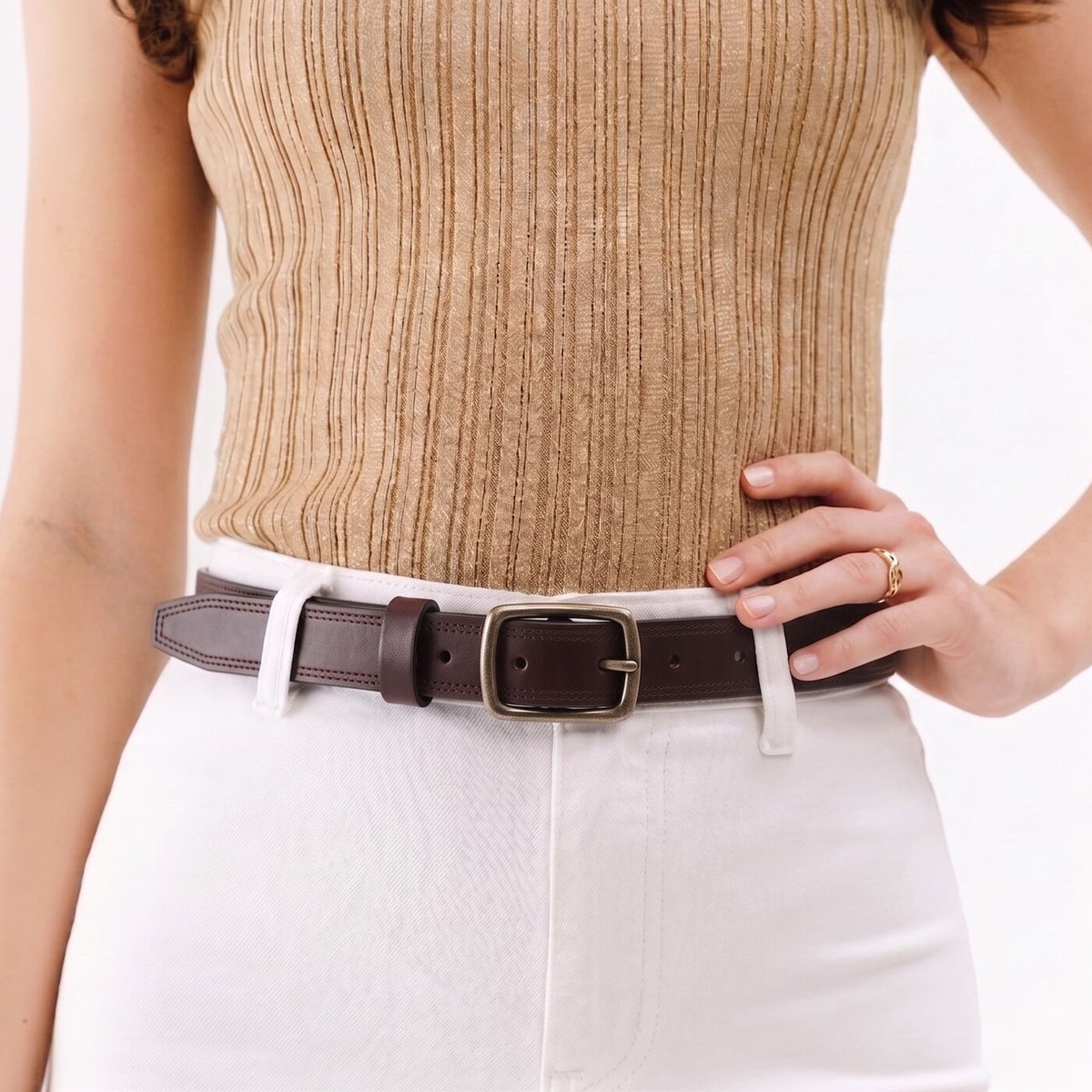 Women's Slim Double Stitch Leather Belt