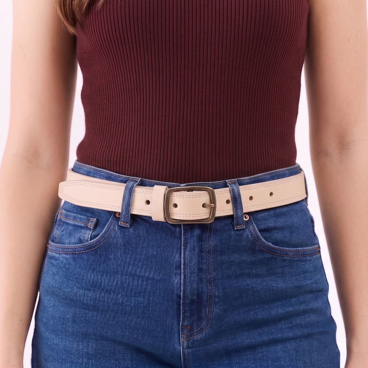 Women's Slim Double Stitch Leather Belt